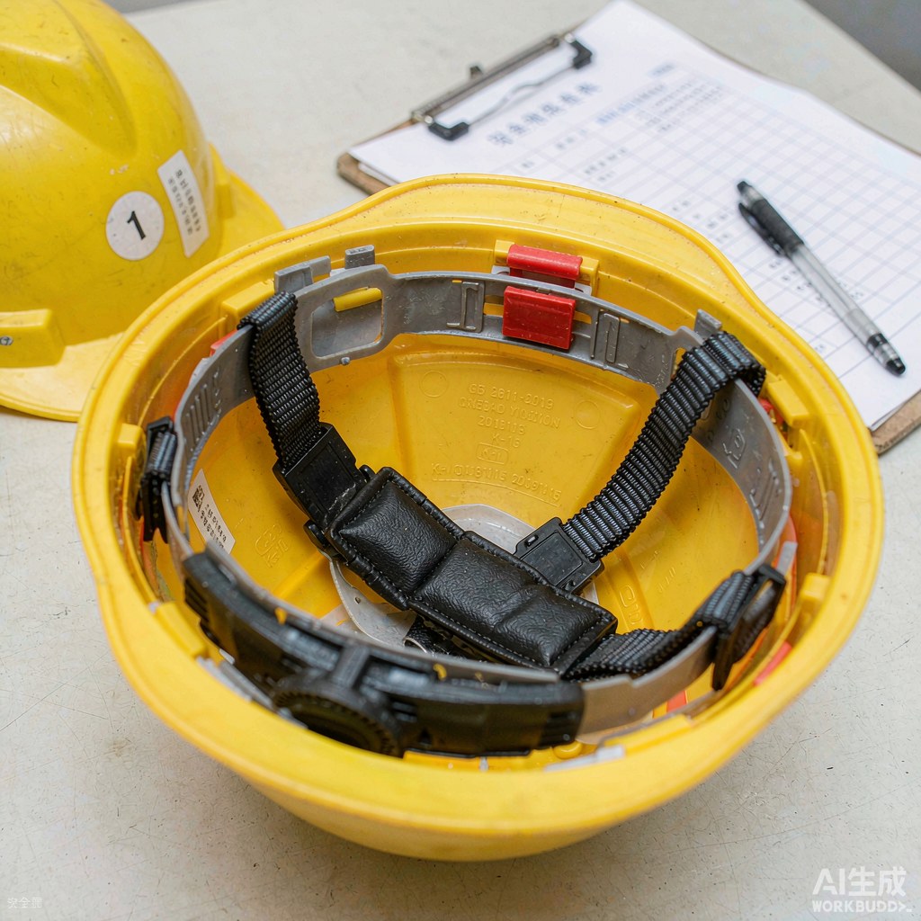 安全帽内侧永久标识与帽贴编号检验标签特写
