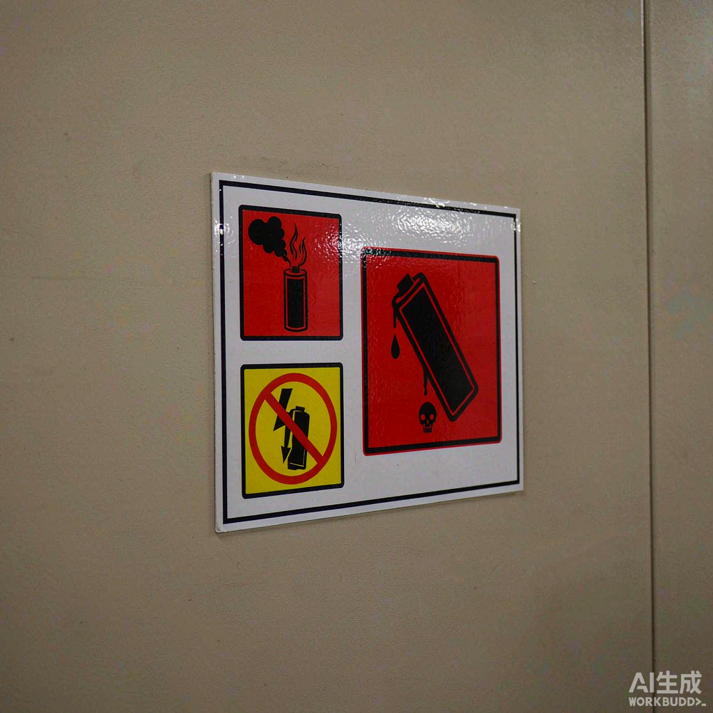 锂离子电池工厂车间安全标识与热失控警告牌特写