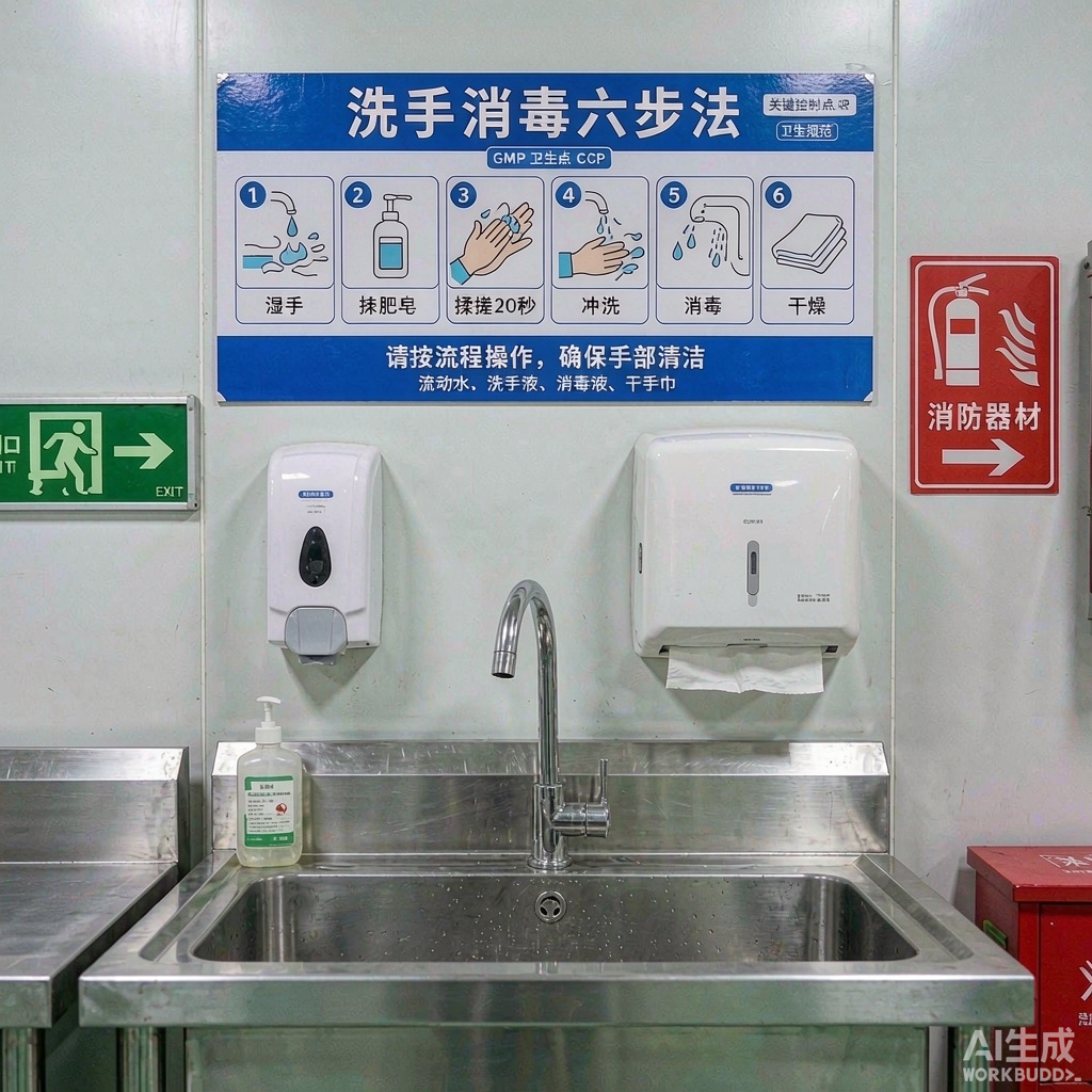 食品工厂GMP车间洗手消毒流程图与CCP关键控制点标识特写