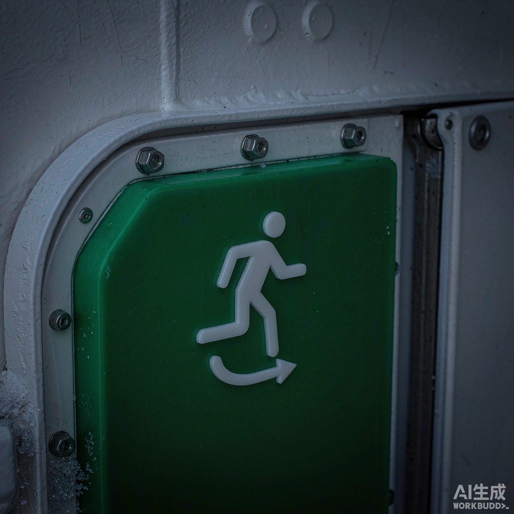 极地航行船舶低温甲板上的蓄光逃生路线标识牌特写