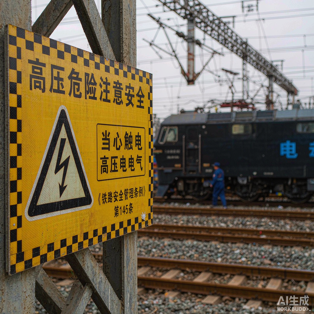 铁路机车整备场高压危险标志牌与接触网支柱特写