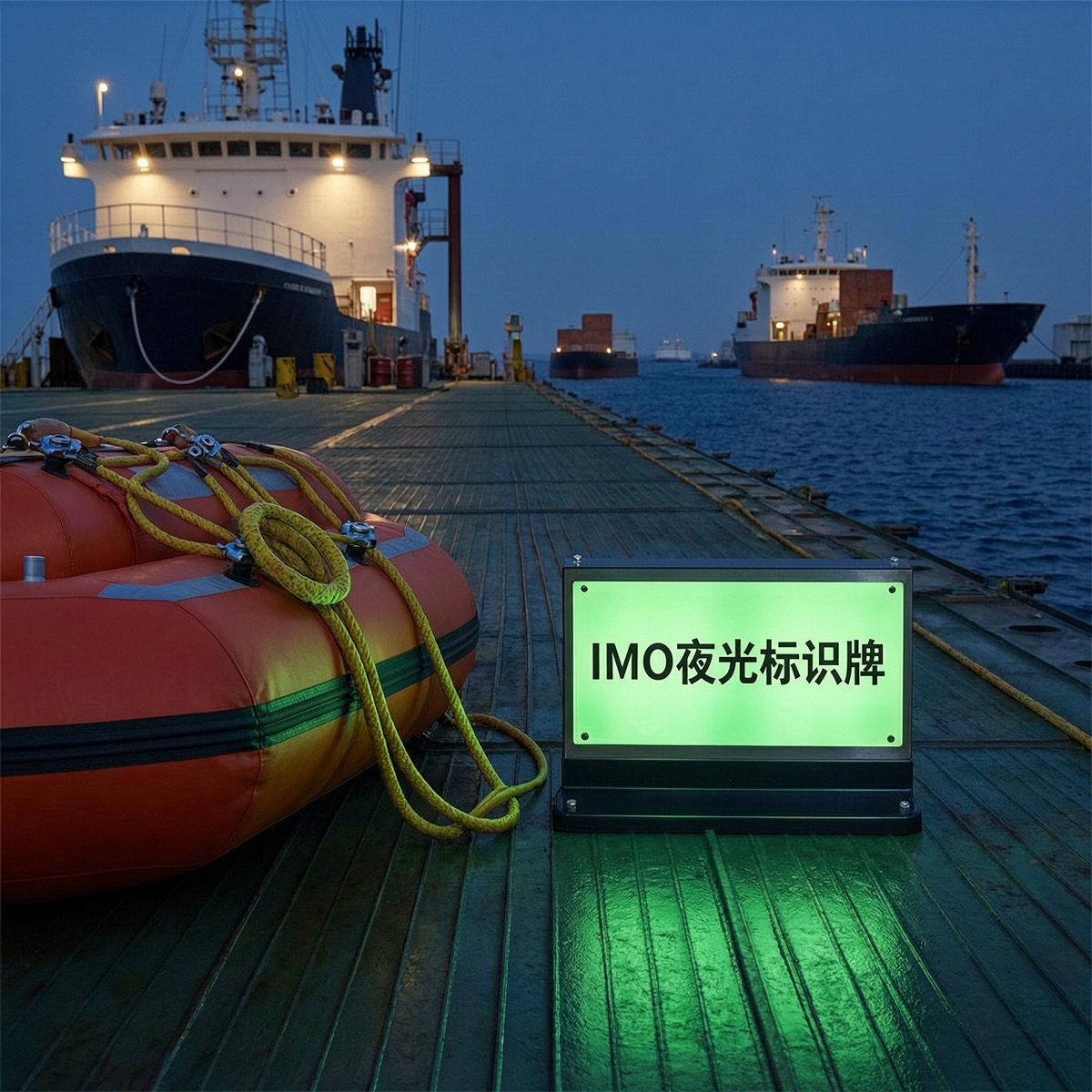 船舶救生筏旁IMO夜光标识牌安装示意