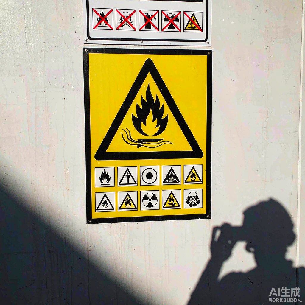 化工仓库爆炸危险区域警示牌与危化品储存标识特写