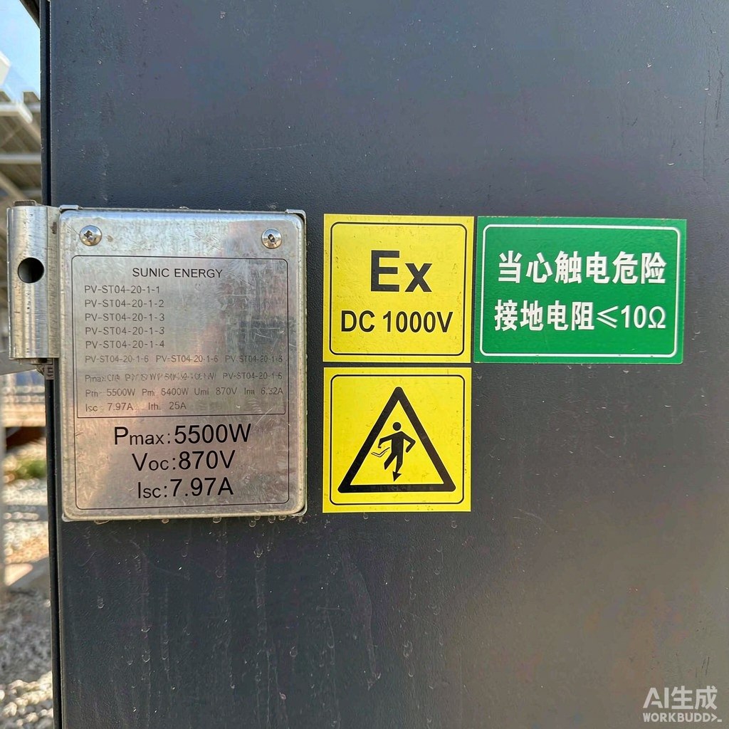 分布式光伏并网逆变器与防雷接地标识特写