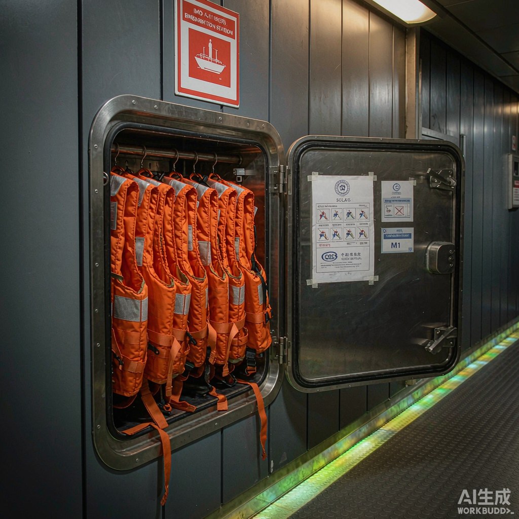 PSC 检查时 PSCO 在集合站检查救生衣与低位照明标识特写