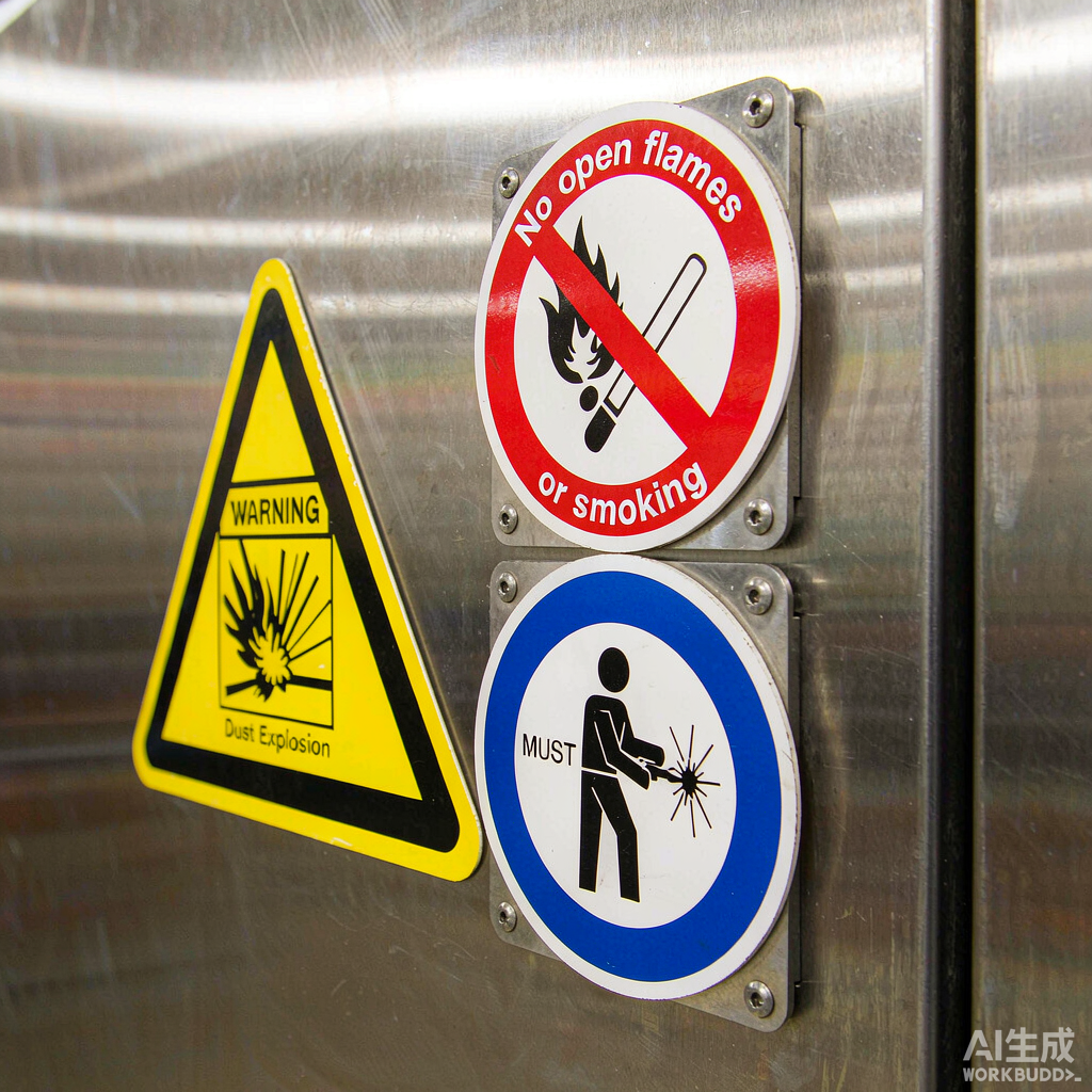 粉尘防爆安全标识：危险区域警示与禁止警告指令标志