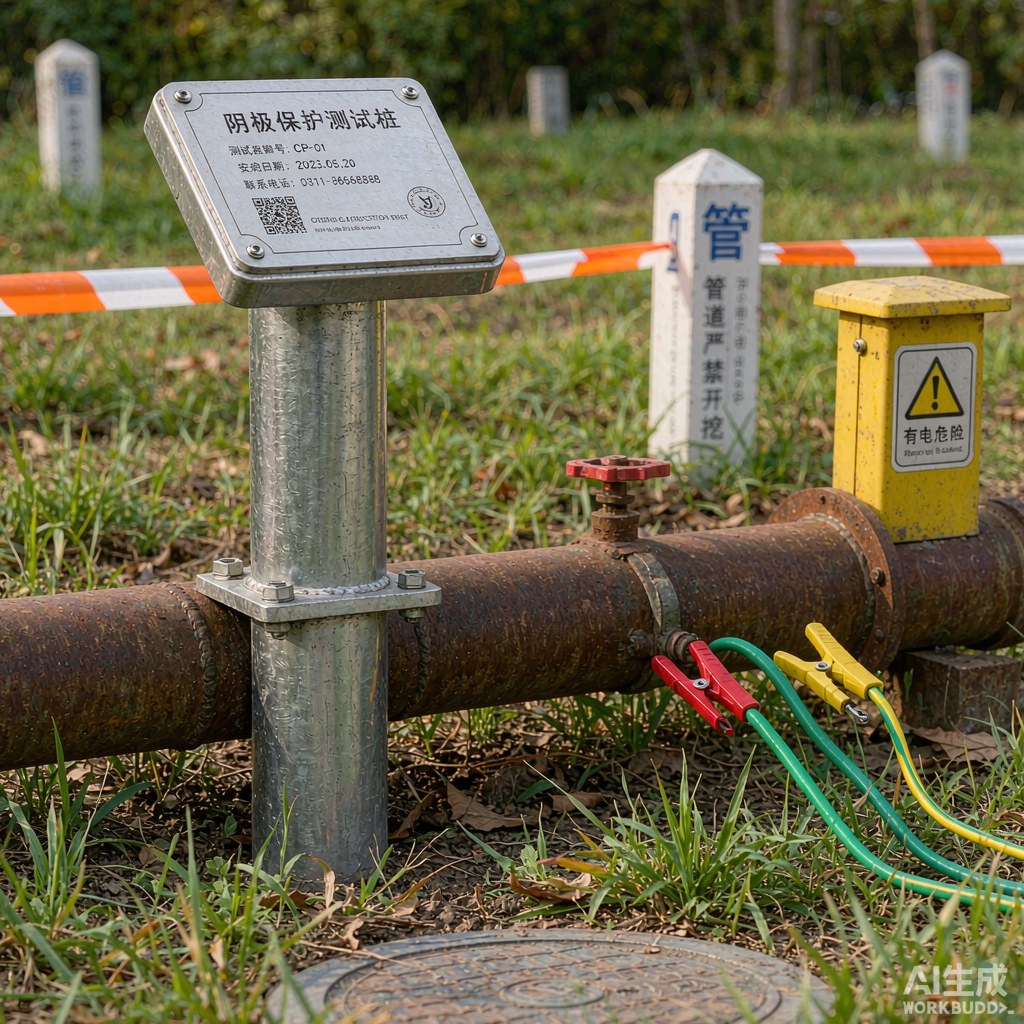 输气站场阴极保护测试桩与警示牌标识特写